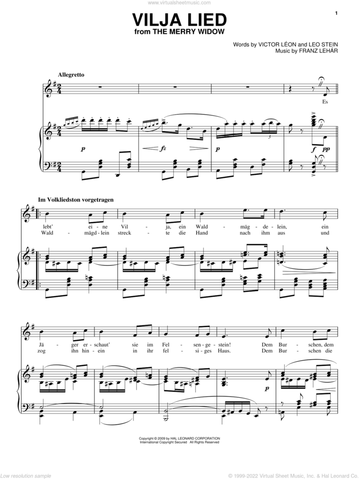 Vilja Lied sheet music for voice and piano by Franz Lehar, Leo Stein and Victor Leon, intermediate skill level