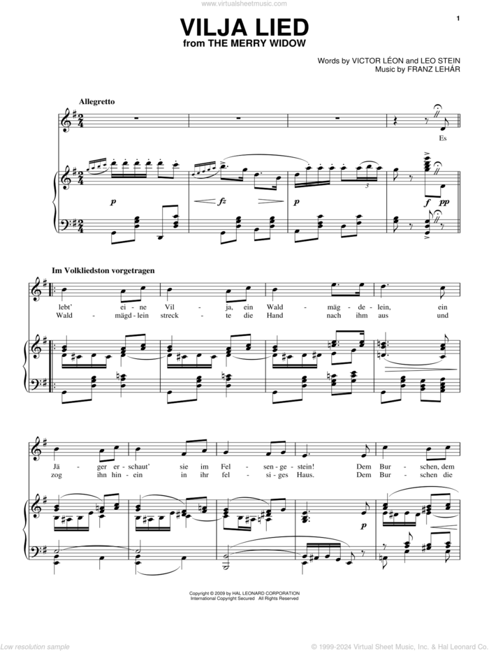 Vilja Lied sheet music for voice and piano by Franz Lehar, Leo Stein and Victor Leon, intermediate skill level