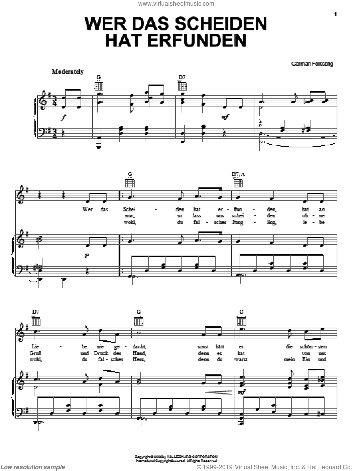 Wer Das Scheiden Hat Erfunden (He Knew Not To Love) sheet music for voice, piano or guitar, intermediate skill level