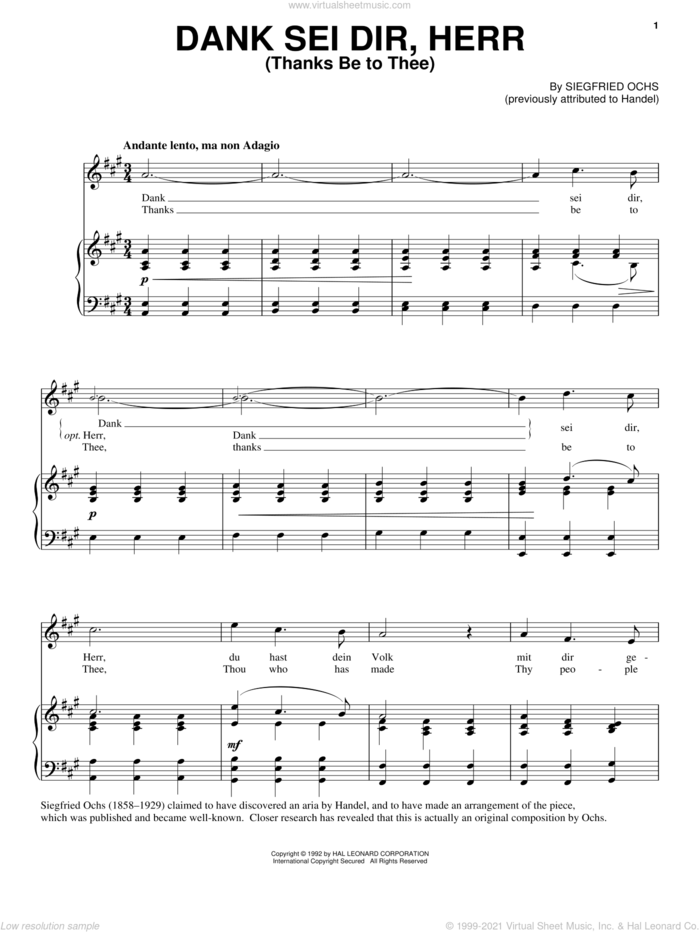Dank Sei Dir, Herr sheet music for voice, piano or guitar by Siegfried Ochs, classical score, intermediate skill level