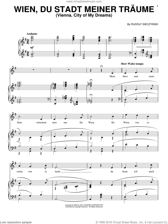 Wien, Du Stadt Meiner Traume sheet music for voice, piano or guitar by Rudolph Sieczynski, classical score, intermediate skill level