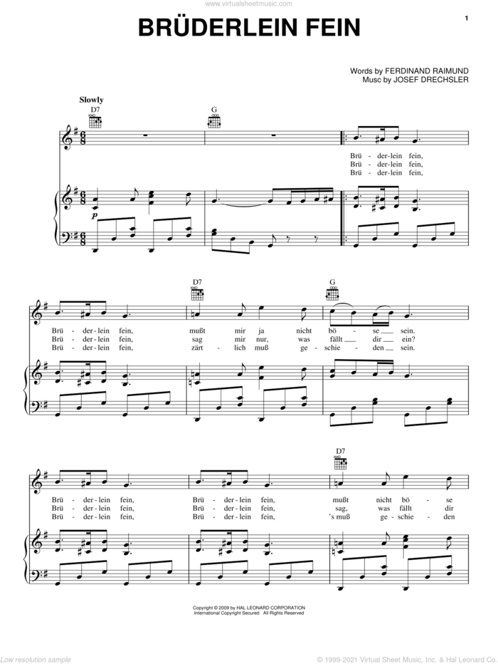 Bruderlein Fein sheet music for voice, piano or guitar by Ferdinand Raimund and Josef Drechler, intermediate skill level