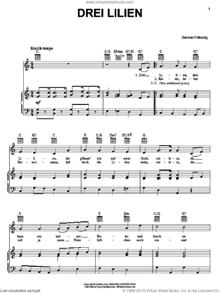 Drei Lilien (Three Lilies) sheet music for voice, piano or guitar, intermediate skill level