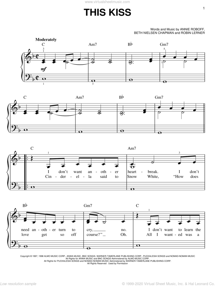 This Kiss sheet music for piano solo by Faith Hill, Annie Roboff, Beth Nielsen Chapman and Robin Lerner, easy skill level
