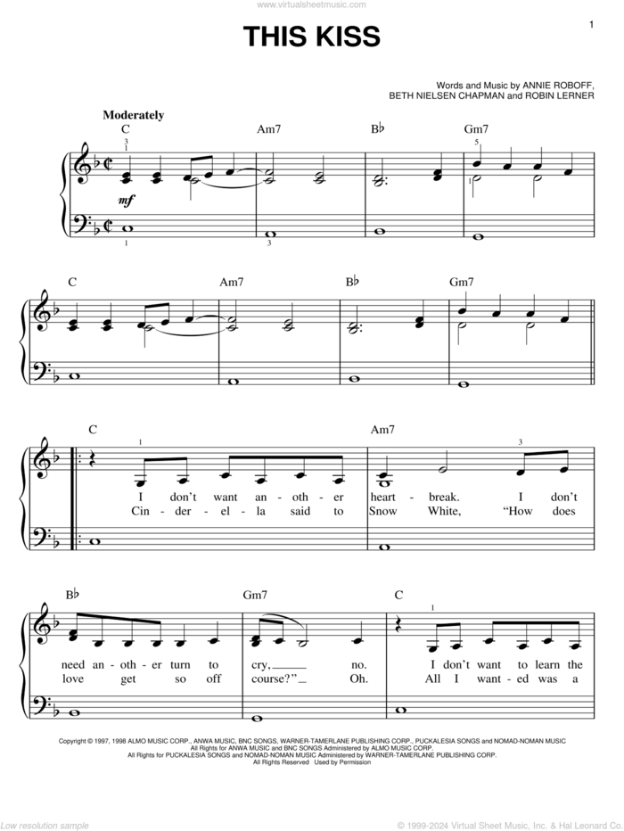 This Kiss sheet music for piano solo by Faith Hill, Annie Roboff, Beth Nielsen Chapman and Robin Lerner, easy skill level