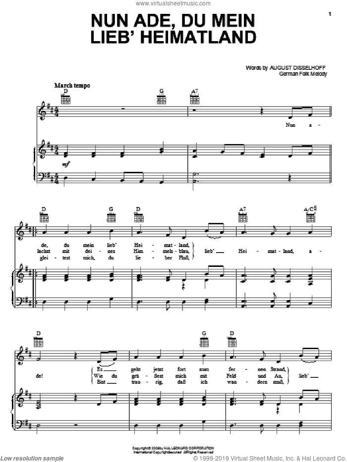Nun Ade, Du Mein Lieb' Heimatlan sheet music for voice, piano or guitar by August Disselhoff and Miscellaneous, intermediate skill level