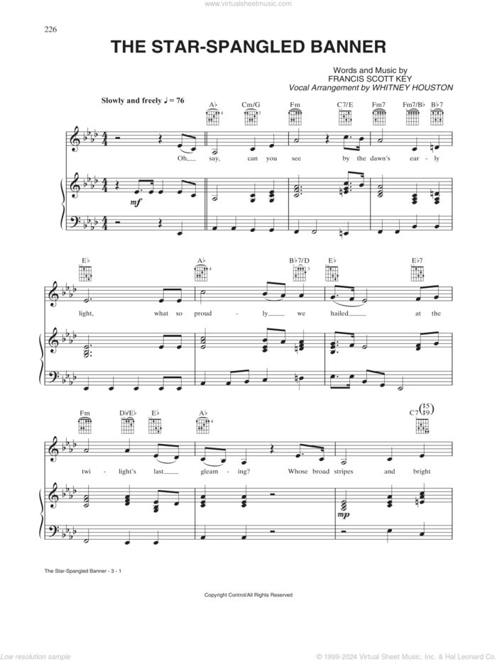 The Star-Spangled Banner sheet music for voice, piano or guitar by Whitney Houston, Francis Scott Key and John Stafford Smith, intermediate skill level