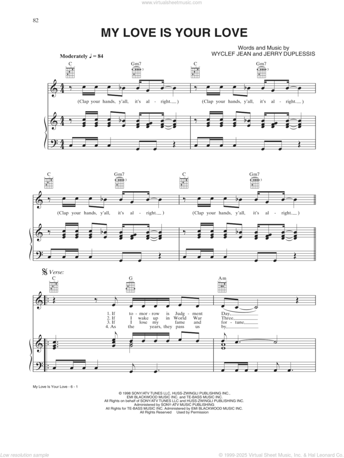 My Love Is Your Love sheet music for voice, piano or guitar by Whitney Houston, Jerry Duplessis and Wyclef Jean, intermediate skill level