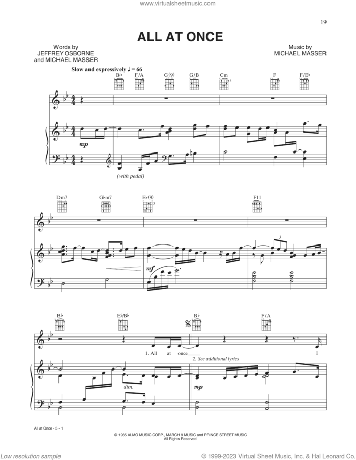 All At Once sheet music for voice, piano or guitar by Whitney Houston, Jeffrey Osborne and Michael Masser, intermediate skill level
