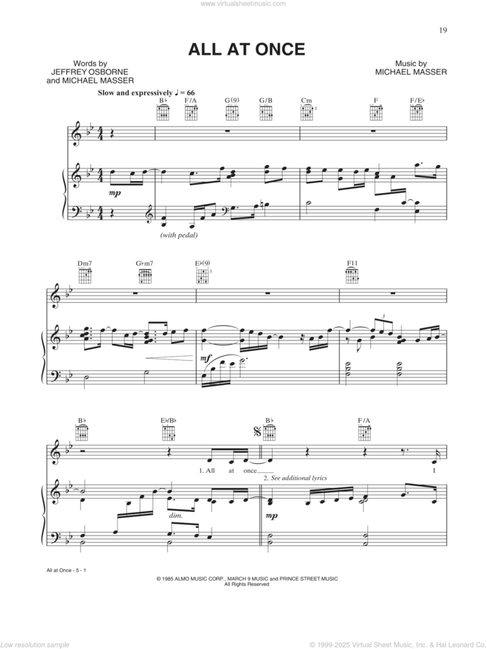 All At Once sheet music for voice, piano or guitar by Whitney Houston, Jeffrey Osborne and Michael Masser, intermediate skill level