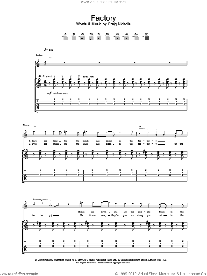 Factory sheet music for guitar (tablature) by The Vines, intermediate skill level