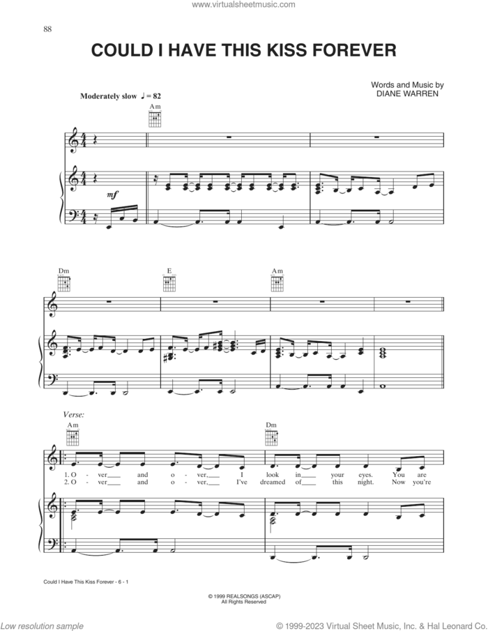 Could I Have This Kiss Forever sheet music for voice, piano or guitar by Whitney Houston and Enrique Iglesias and Diane Warren, intermediate skill level