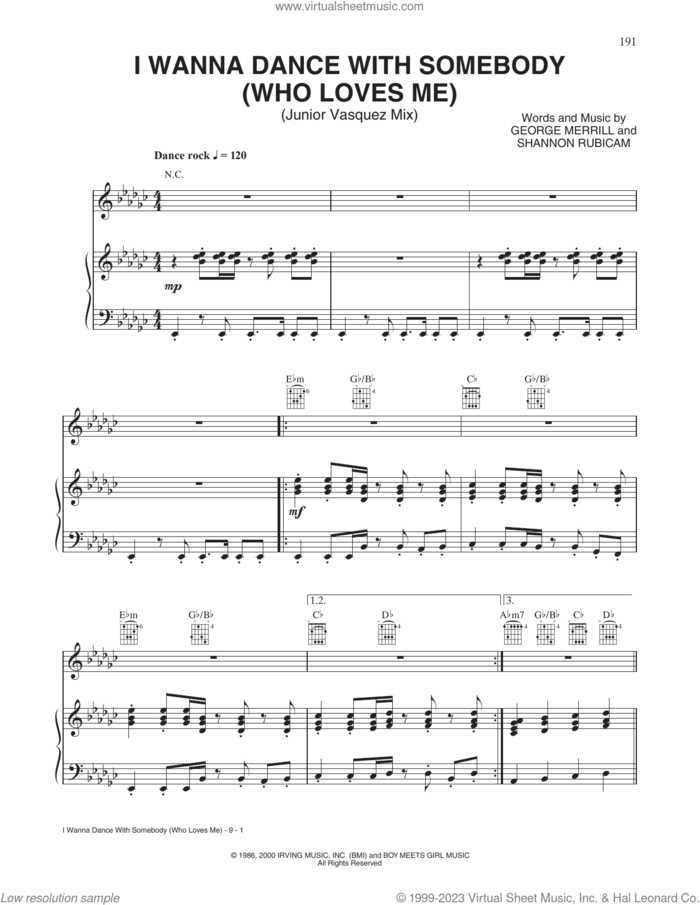 I Wanna Dance With Somebody sheet music for voice, piano or guitar by Whitney Houston, George Merrill and Shannon Rubicam, intermediate skill level