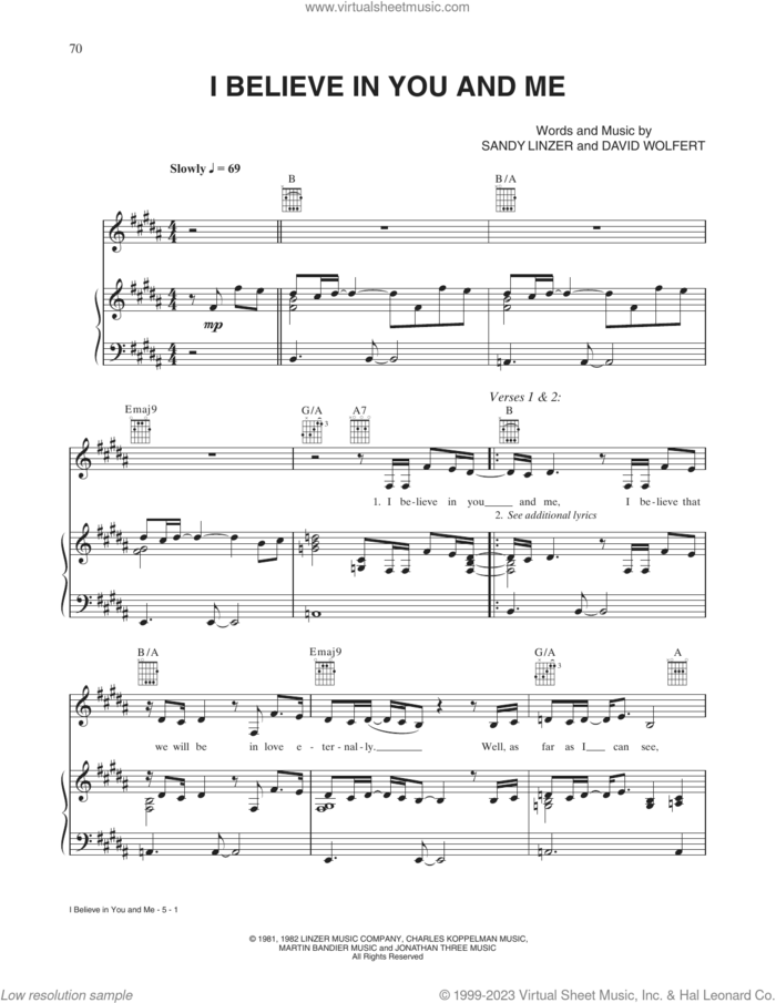 I Believe In You And Me (from The Preacher's Wife) sheet music for voice, piano or guitar by Whitney Houston, David Wolfert and Sandy Linzer, intermediate skill level