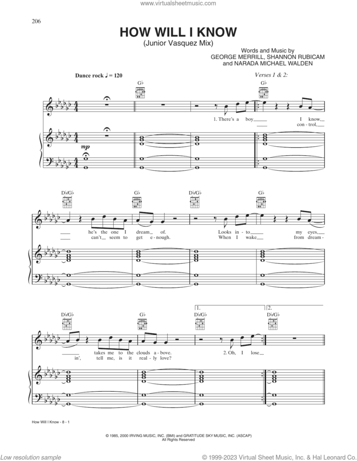 How Will I Know sheet music for voice, piano or guitar by Whitney Houston, George Merrill, Narada Michael Walden and Shannon Rubicam, intermediate skill level
