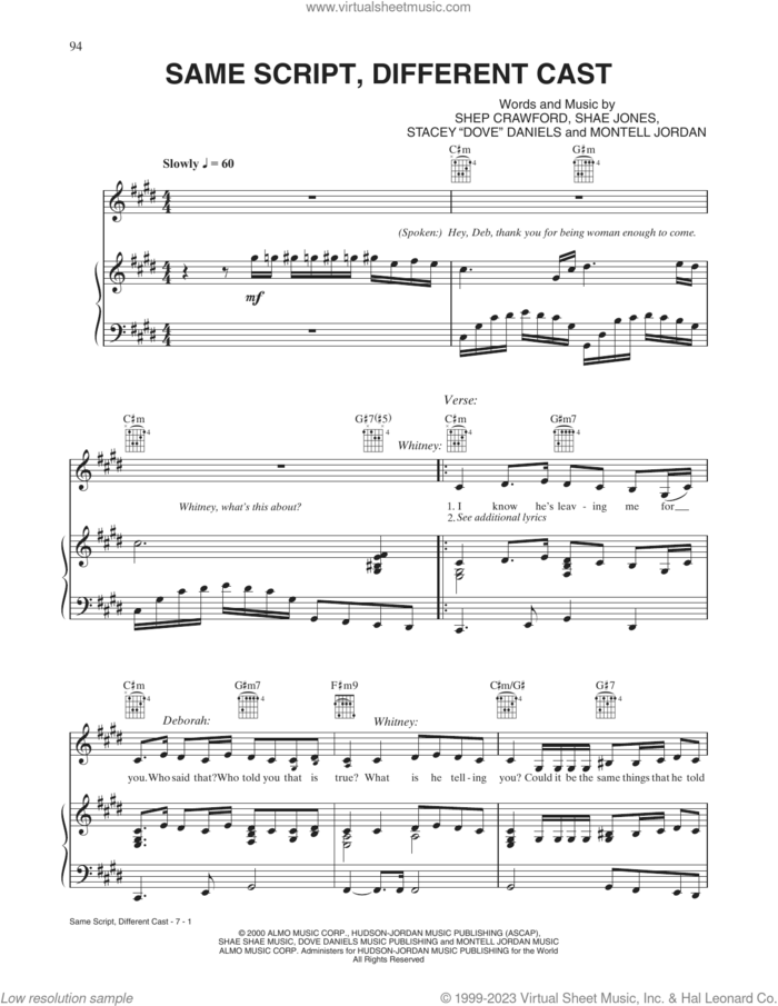 Same Script, Different Cast sheet music for voice, piano or guitar by Whitney Houston and Deborah Cox, Montell Jordan, Shae Jones, Shaw Jones, Shep Crawford and Stacy Daniels, intermediate skill level