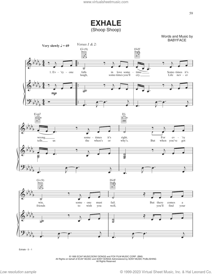 Exhale (Shoop Shoop) sheet music for voice, piano or guitar by Whitney Houston and Babyface, intermediate skill level