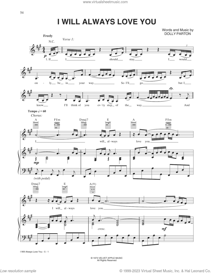 I Will Always Love You sheet music for voice, piano or guitar by Whitney Houston and Dolly Parton, intermediate skill level
