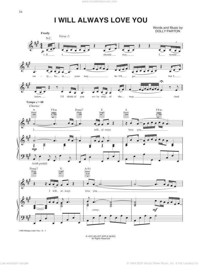 I Will Always Love You sheet music for voice, piano or guitar by Whitney Houston and Dolly Parton, intermediate skill level