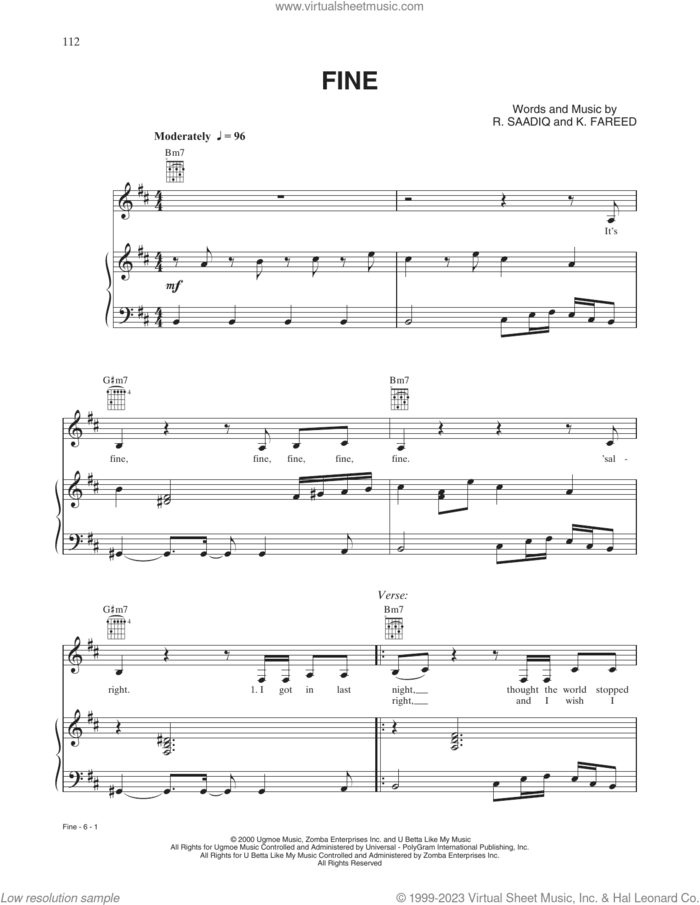 Fine sheet music for voice, piano or guitar by Whitney Houston, K. Fareed and R. Saadiq, intermediate skill level