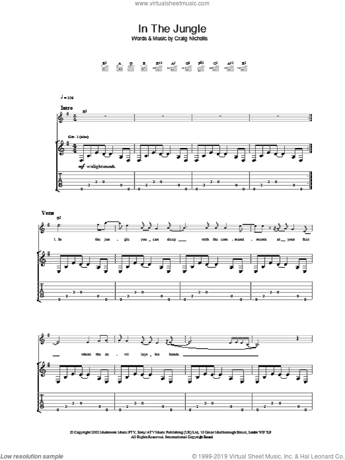 In The Jungle sheet music for guitar (tablature) by The Vines, intermediate skill level