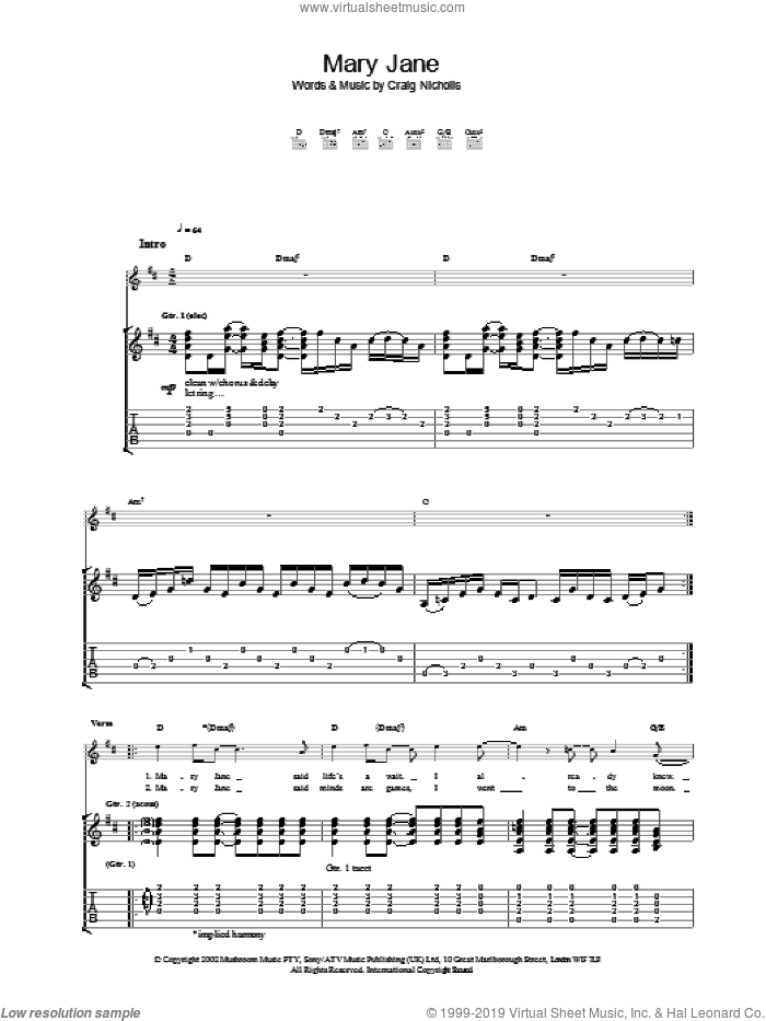 Mary Jane sheet music for guitar (tablature) by The Vines, intermediate skill level