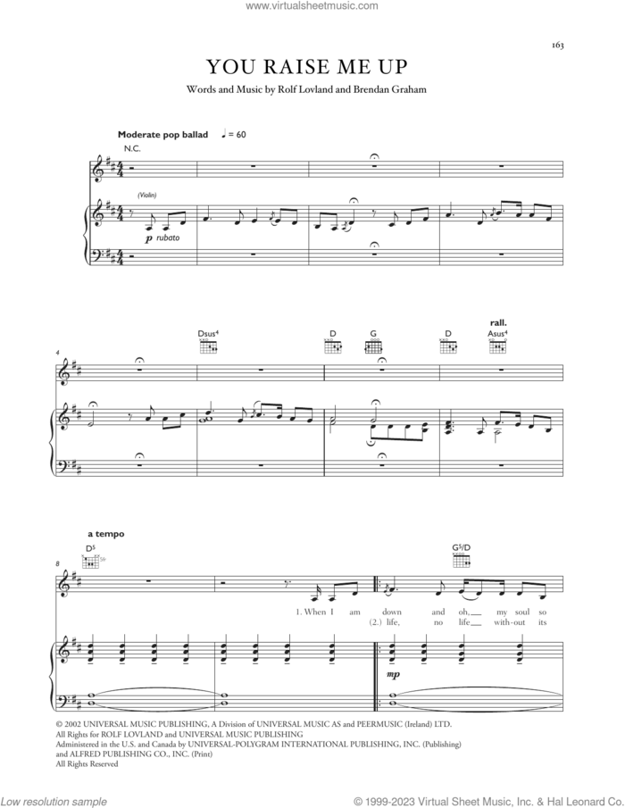 You Raise Me Up sheet music for voice, piano or guitar by Celtic Woman, Josh Groban, Brendan Graham and Rolf Lovland, intermediate skill level