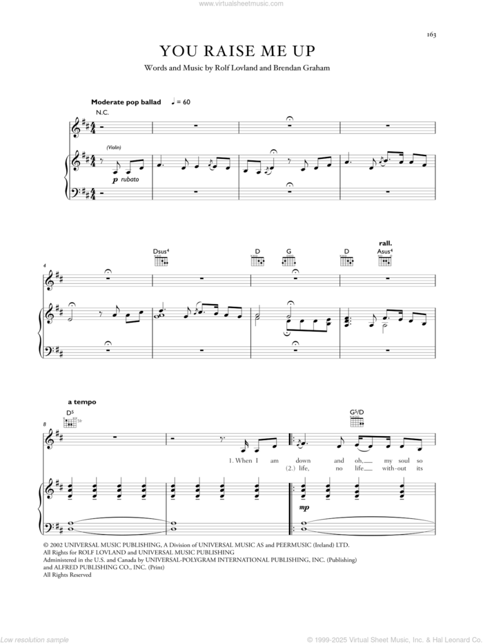 You Raise Me Up sheet music for voice, piano or guitar by Celtic Woman, Josh Groban, Brendan Graham and Rolf Lovland, intermediate skill level