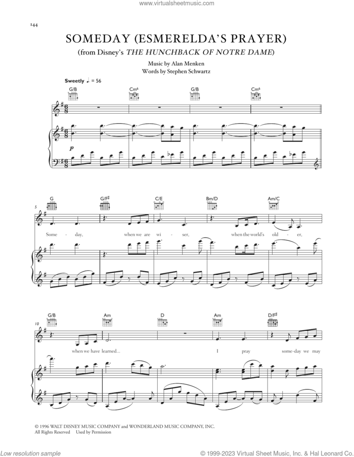 Someday (Esmerelda's Prayer) (from The Hunchback Of Notre Dame) sheet music for voice, piano or guitar by Celtic Woman, Donna Summer, Alan Menken and Stephen Schwartz, intermediate skill level