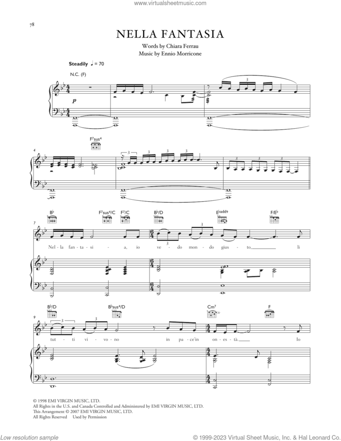 Nella Fantasia sheet music for voice, piano or guitar by Celtic Woman, Il Divo, Chiara Ferrau and Ennio Morricone, intermediate skill level