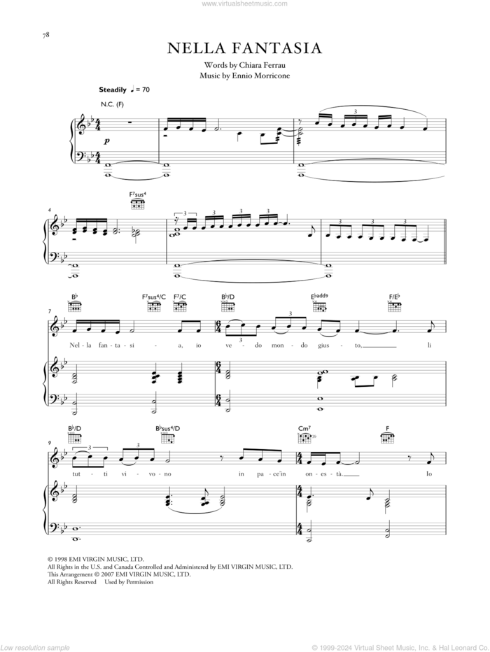 Nella Fantasia sheet music for voice, piano or guitar by Celtic Woman, Il Divo, Chiara Ferrau and Ennio Morricone, intermediate skill level