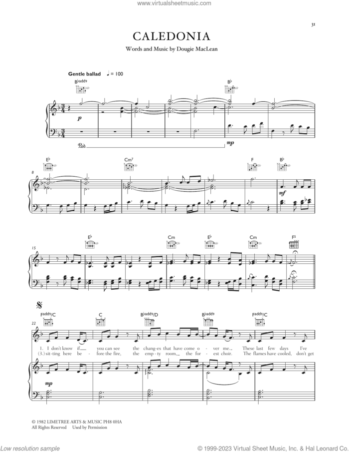 Caledonia sheet music for voice, piano or guitar by Celtic Woman, Celtic Thunder and Douglas Menzies MacLean, intermediate skill level