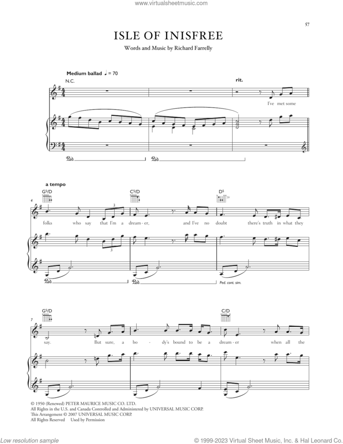 The Isle Of Innisfree sheet music for voice, piano or guitar by Celtic Woman and Dick Farrelly, intermediate skill level