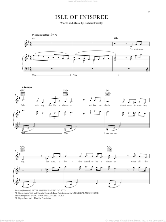 The Isle Of Innisfree sheet music for voice, piano or guitar by Celtic Woman and Dick Farrelly, intermediate skill level