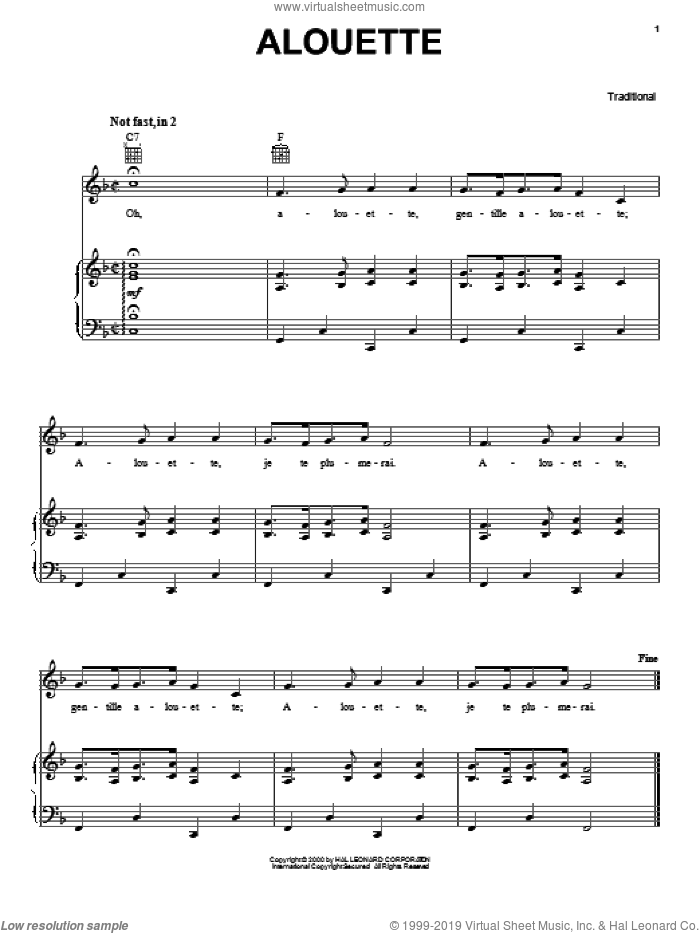 Alouette sheet music for voice, piano or guitar, intermediate skill level