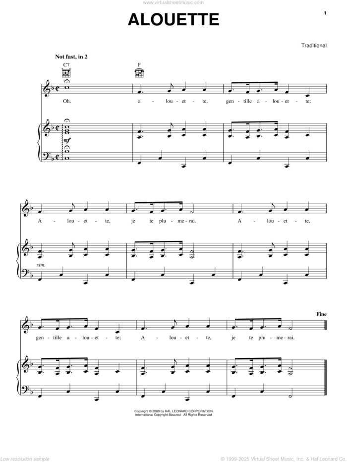 Alouette sheet music for voice, piano or guitar, intermediate skill level