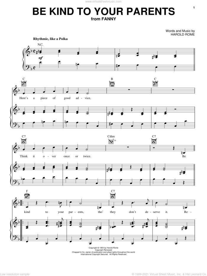 Be Kind To Your Parents sheet music for voice, piano or guitar by Harold Rome, intermediate skill level