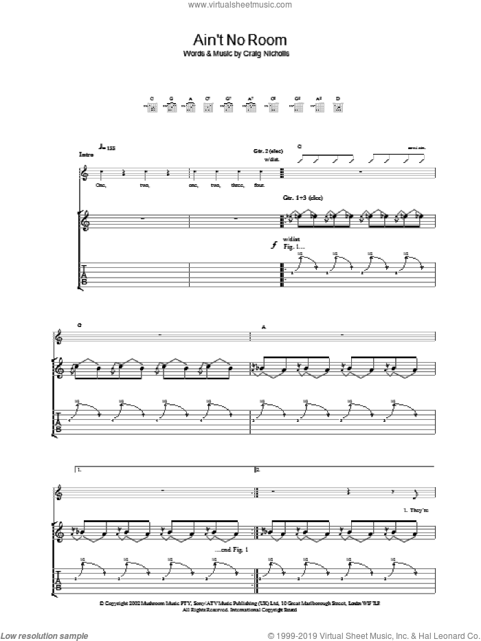 Ain't No Room sheet music for guitar (tablature) by The Vines, intermediate skill level