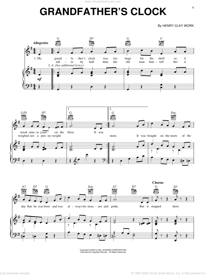 Grandfather's Clock sheet music for voice, piano or guitar by Henry Clay Work, intermediate skill level