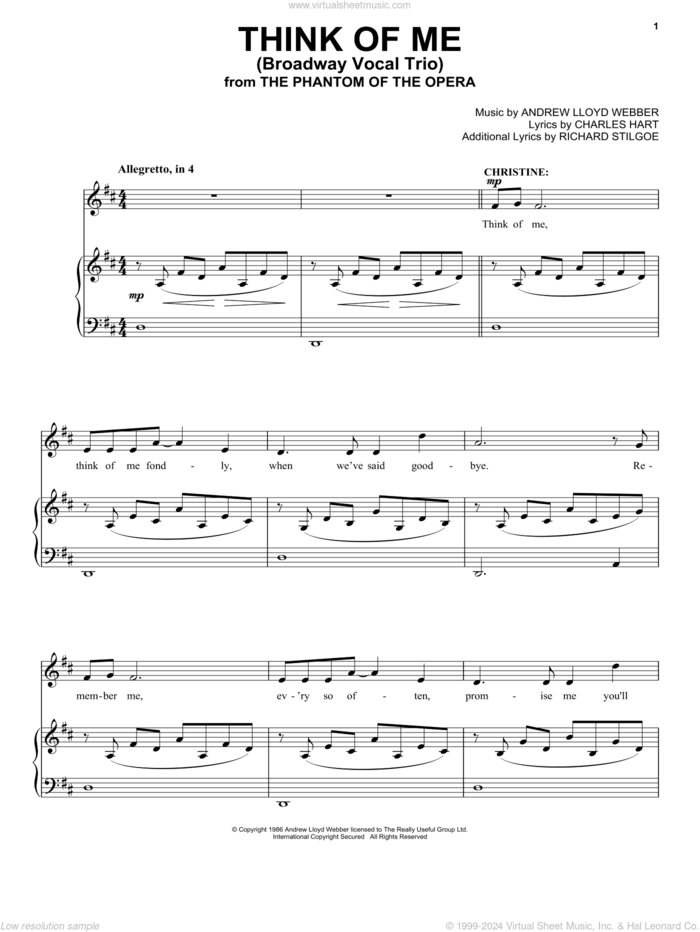 Think Of Me (from Phantom Of The Opera) (Trio) sheet music for voice and piano by Andrew Lloyd Webber, Charles Hart and Richard Stilgoe, intermediate skill level