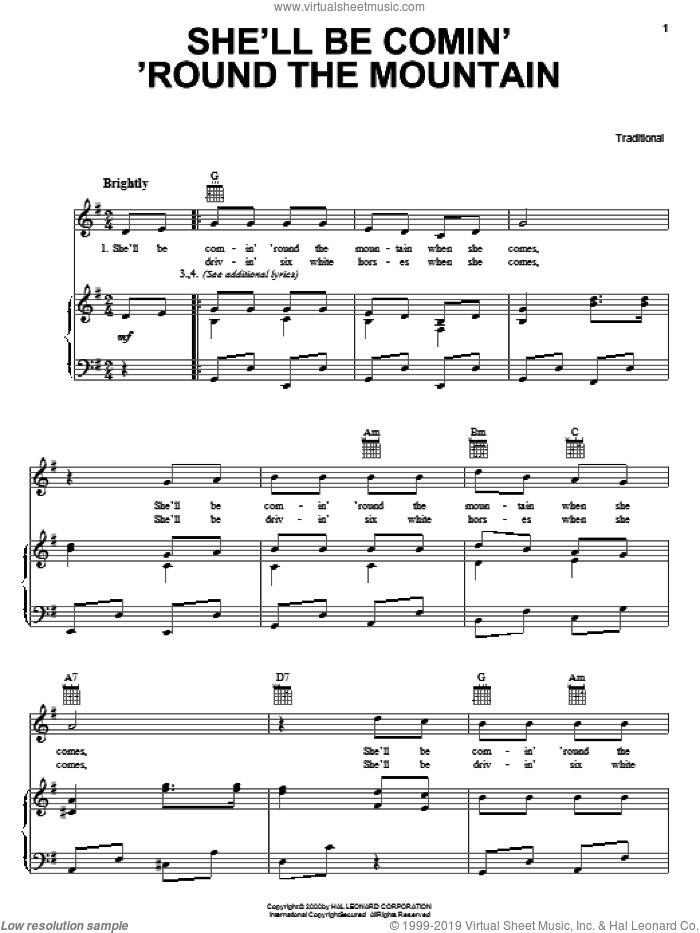 She'll Be Comin' 'Round The Mountain sheet music for voice, piano or guitar, intermediate skill level