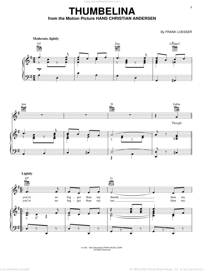 Thumbelina sheet music for voice, piano or guitar by Frank Loesser, intermediate skill level