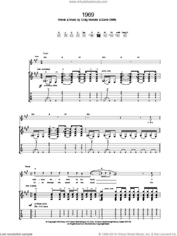 1969 sheet music for guitar (tablature) by The Vines, intermediate skill level