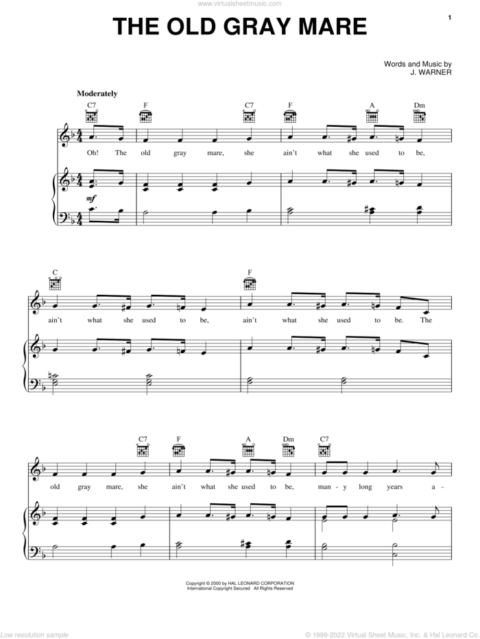 The Old Gray Mare sheet music for voice, piano or guitar by J. Warner, intermediate skill level