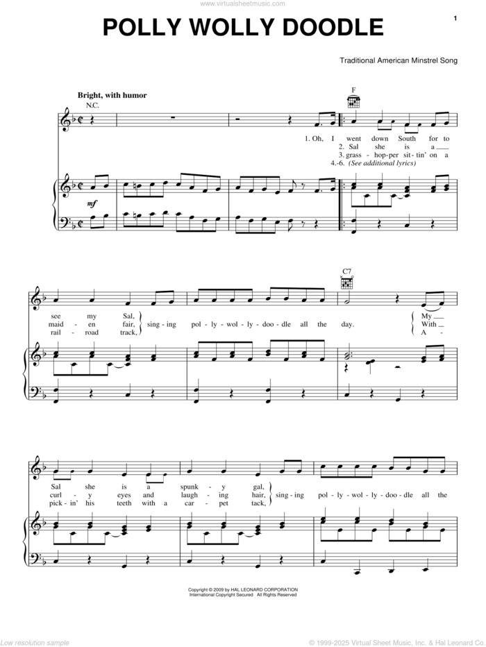 Polly Wolly Doodle sheet music for voice, piano or guitar, intermediate skill level