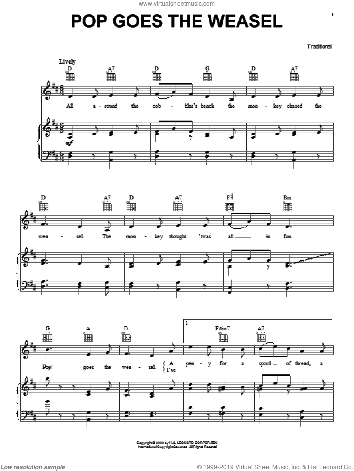 Pop Goes The Weasel sheet music for voice, piano or guitar, intermediate skill level