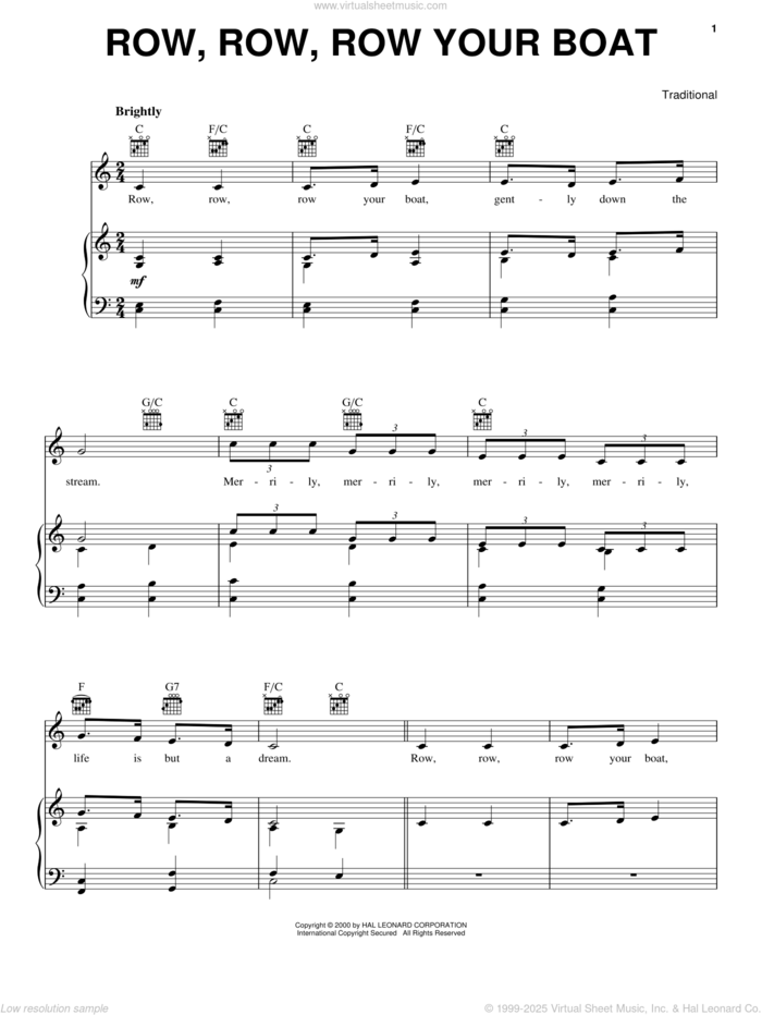 Row, Row, Row Your Boat sheet music for voice, piano or guitar, intermediate skill level