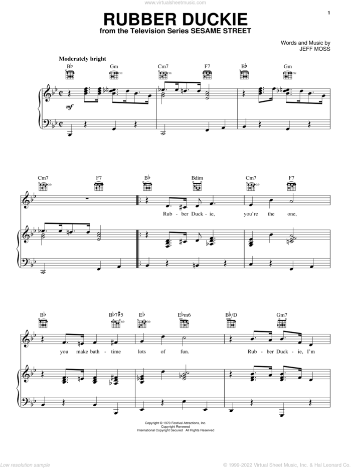 Rubber Duckie sheet music for voice, piano or guitar by Jeff Moss, intermediate skill level