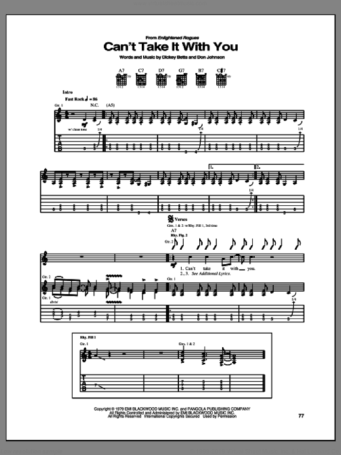 Can't Take It With You sheet music for guitar (tablature) by The Allman Brothers Band, Allman Brothers Band, Dickey Betts and Don Johnson, intermediate skill level