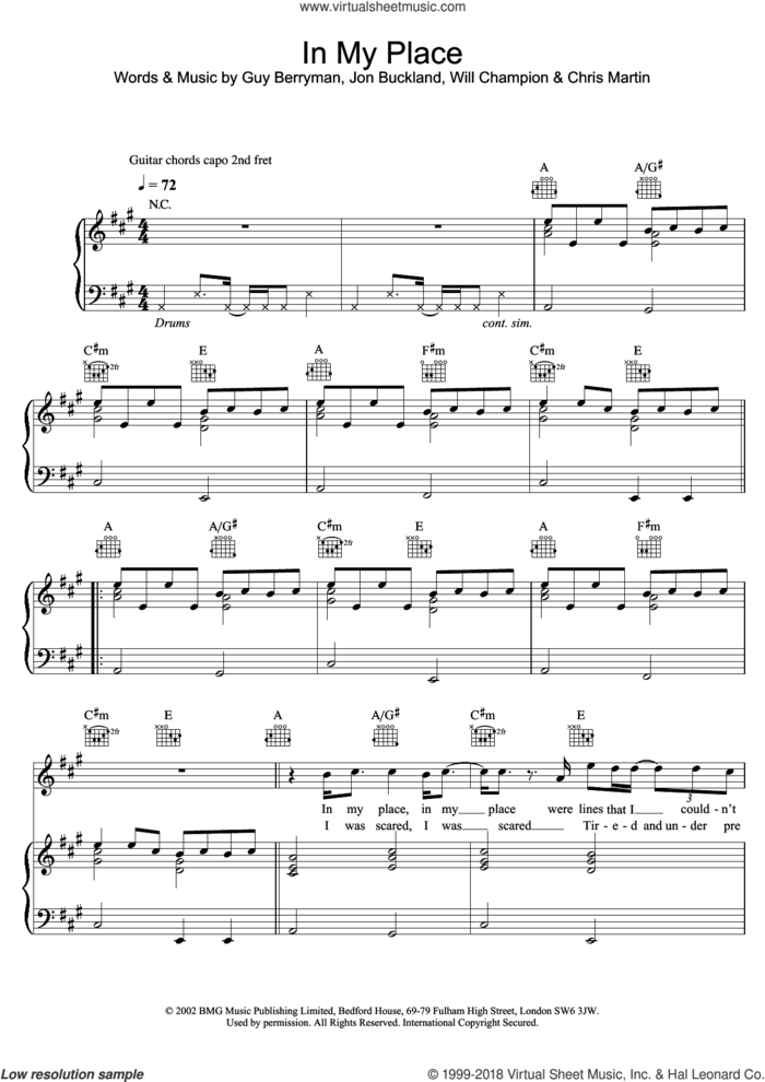 In My Place sheet music for voice, piano or guitar by Coldplay, Chris Martin, Guy Berryman, Jonny Buckland and Will Champion, intermediate skill level